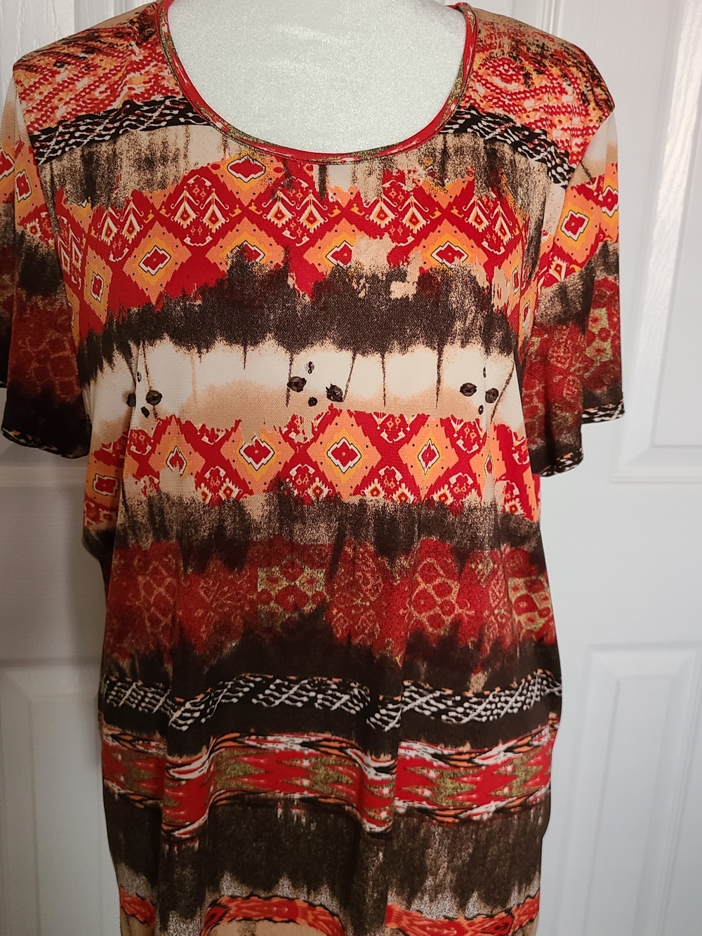 Vintage 90s Tanjay Beaded Sequin Geometric Tunic Red Brown Size Large